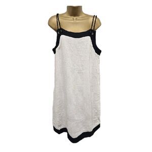 Knee Length Dress Womens Large Cream Black Linen Blend Rope Straps Forcynthia